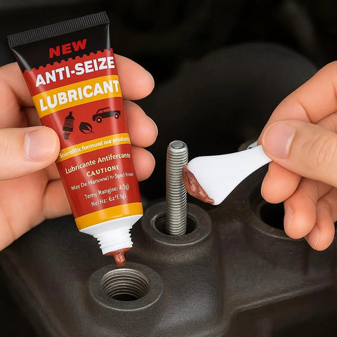 Applying copper anti-seize brake lubricant to spark plug threads for high-temp protection