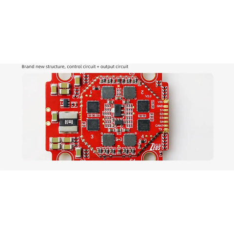 60A 4-In-1 ESC BL32 For 3-6S FPV Racing Drones Freestyle, top view with red immersion gold PCB and circuit components