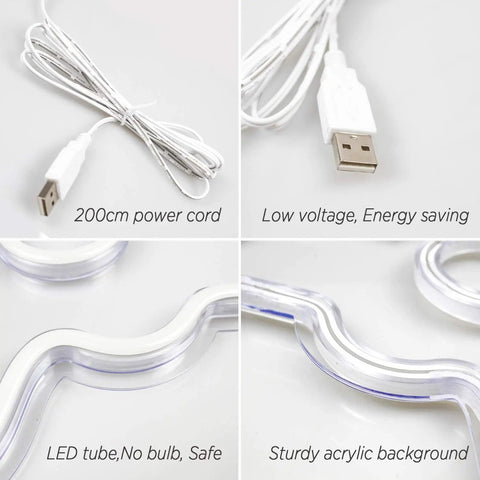 Blue Neon Gaming Sign Dimmable USB Powered Wall Decor close-up showing 200cm USB cord, low voltage design, and acrylic base.