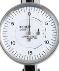 Front view of Accusize Industrial Tools horizontal test indicator with 1.5 in dial, white face and black graduations.