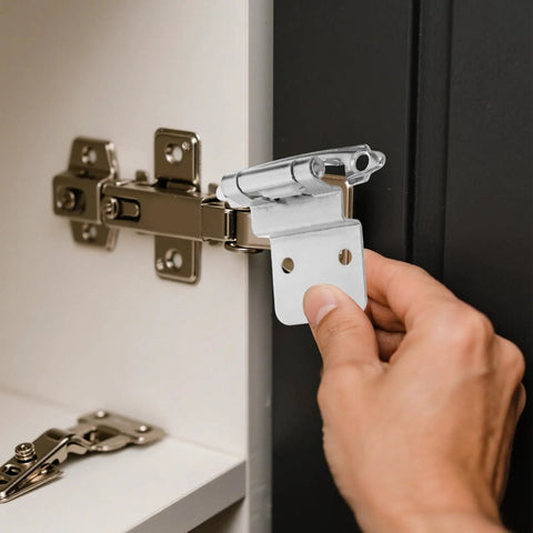 Hand installing Eight Pack Three Eighths Inch Flush Mount Inset Cabinet Hinges Brushed Nickel Self Closing Kitchen Cupboard Doors