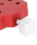 Close-up of Rugged Dovetail Clamp for Telescopes and Cameras showing red aluminum alloy and 8-hole universal fit