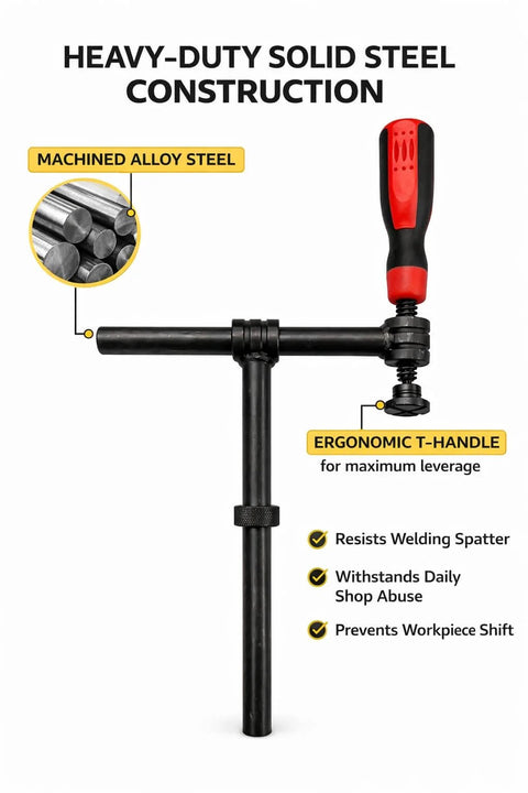 4-Pack 180 Degree Welding Fixture Screw Clamps For Five Eighth Inch Tables, heavy duty solid steel with ergonomic T-handle.
