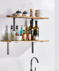 Rock Solid Steel Corner Brackets 1 Pair Heavy Duty Wall Mounted Floating Shelf Hardware Effortless Install Metal Support Arms For Diy Open Shelves And Sweet Home Setup 10 Inch with drinks and dishes on shelves.