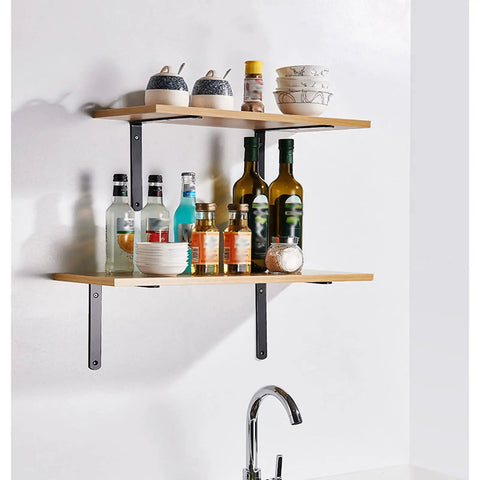 Rock Solid Steel Corner Brackets 1 Pair Heavy Duty Wall Mounted Floating Shelf Hardware Effortless Install Metal Support Arms For Diy Open Shelves And Sweet Home Setup 10 Inch with drinks and dishes on shelves.
