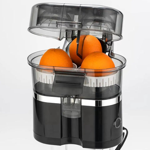 Top Rated Electric Citrus Juicer Machine With Powerful 100W Motor Making Fresh Orange And Lemon Juice Quick Cold Press Extractor For Home Kitchen Daily Smoothies And Cocktails Easy Clean Design, showing juicer with oranges.