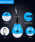 Go-To USB Rechargeable LED Camping Lanterns Four Pack With Clip Hook Hanging Design showing blue lantern, clip, and USB port.