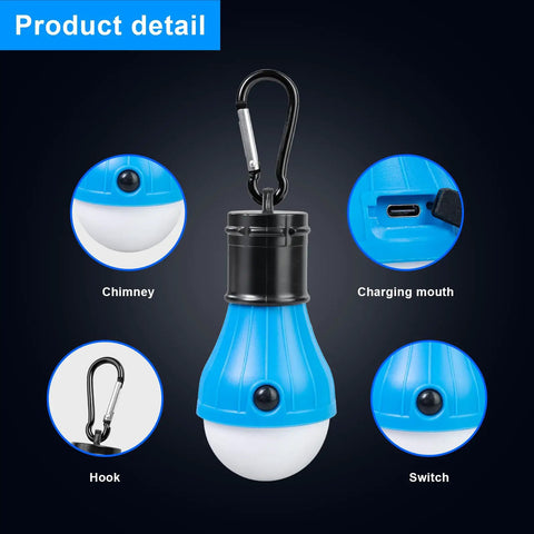 Go-To USB Rechargeable LED Camping Lanterns Four Pack With Clip Hook Hanging Design showing blue lantern, clip, and USB port.