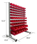 Heavy Duty Metal Bin Rack Storage Organizer System With 76 Removable Bins For Tools Hardware Nuts Bolts In Garage Workshop Factory Durable Steel Frame For Easy Access And Top Notch Shop Organization, front view with red bins, 53.3" high