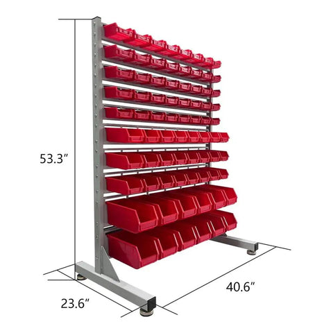Heavy Duty Metal Bin Rack Storage Organizer System With 76 Removable Bins For Tools Hardware Nuts Bolts In Garage Workshop Factory Durable Steel Frame For Easy Access And Top Notch Shop Organization, front view with red bins, 53.3" high
