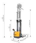 No Sweat Full Electric Stacker Forklift with 177 in max lift height and wide adjustable forks, ideal for tight warehouse zones.