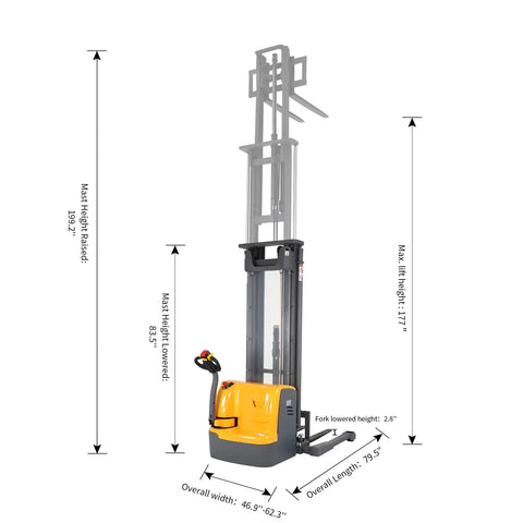 No Sweat Full Electric Stacker Forklift with 177 in max lift height and wide adjustable forks, ideal for tight warehouse zones.