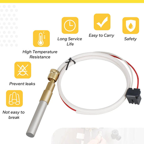 Water heater thermopile replacement sensor with white cable and brass tip for Rheem/Ruud/Richmond pilot burners.