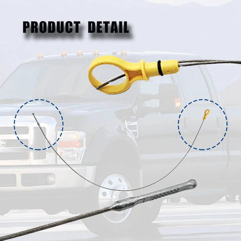 Ford 6.7L V8 Diesel Engine Oil Dipstick Replacement shown with truck in background, yellow handle detail visible