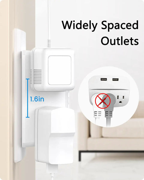 Six Outlet USB Wall Tap Surge Protector Three Sided Wide Spaced AC Power Strip With Six Outlets And USB Ports Mounted on Wall