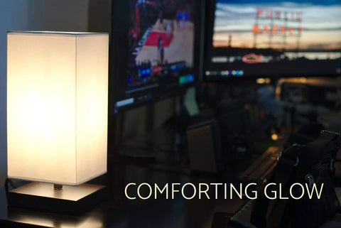 Lucerna 13-Inch Modern LED Touch Table Lamp With Oil Rubbed Bronze Finish And White Fabric Shade next to computer monitors