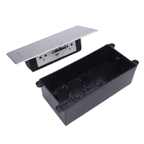Recessed Pop Up Countertop Outlet With 20W Fast Charging Dual AC Outlets And USB A USB C Ports inside black housing showing ports.