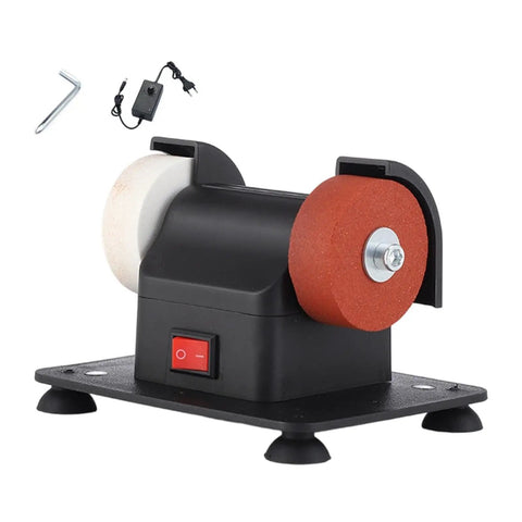 Smooth Operator Mini Bench Grinder For Home Shop Deburring Sharpening And Steel Polishing, compact dual wheel grinder on black base.