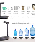 Desktop Water Dispenser For 5 Gallon Bottle With USB Rechargeable Battery, Wireless Operation, Grey Finish, cup and bottle compatibility chart