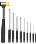 Roll Pin Punch Set With Storage Pouch, 9 Piece Steel Removal Tool Kit For Jewelry And General Repairs, tools lined up with mallet