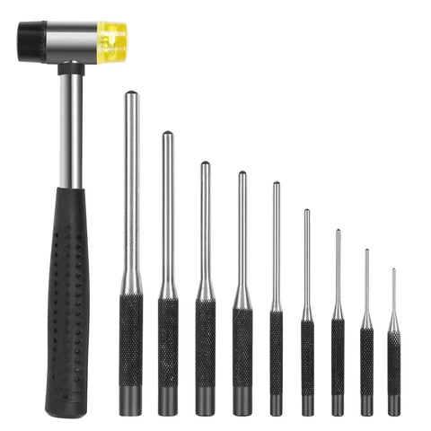 Roll Pin Punch Set With Storage Pouch, 9 Piece Steel Removal Tool Kit For Jewelry And General Repairs, tools lined up with mallet