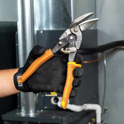 Offset Straight-Cut Tin Snips for Sheet Metal, Pro-Grade Aviation Snips with Forged Blades used on industrial piping