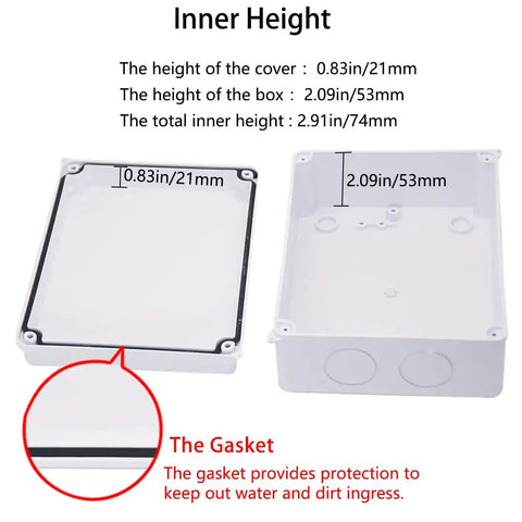Heavy Duty Junction Box With Ten Open Slots IP65 Waterproof Dustproof ABS Plastic Project Enclosure Wall Mount Electrical Panel For Diy Guys And Pros With No Sweat Install White inner height measurements and gasket detail.