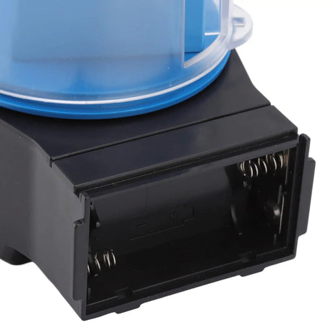 Close-up of Straight Up Automatic Fish Feeder And Aquarium Food Dispenser, showing hopper and battery compartment.