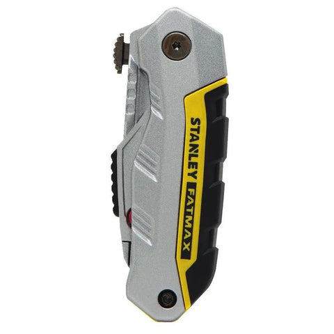 FatMax Folding Retractable Knife With Heavy Duty Metal Body, shown folded with visible thumb pad and yellow Stanley FatMax logo.