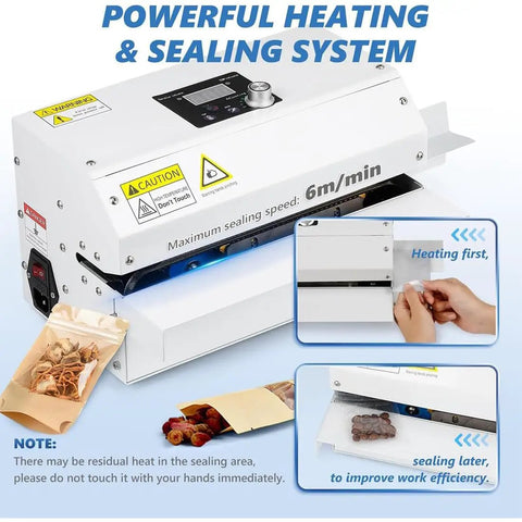 Premium Automatic Plastic Bag Heat Sealer Machine With Continuous Band Technology For Fast Food Packaging And Home Made Goods At High Speed with sealing feature.