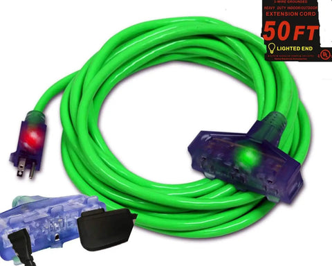 Heavy Duty 10 Gauge Extension Cord 50 Feet Indoor Outdoor With Three Outlets And Lighted Ends Triple Tap Power Cord For Big Tools Appliances And Outdoor Gear 1875 Watt Green