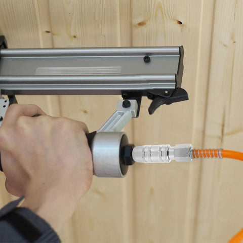 Heavy Duty Workhorse Stainless Steel Air Hose Coupler Quick Connect Pneumatic Fitting in use with air tool and compressor.