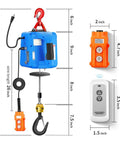 Upgraded 3 In 1 Electric Hoist Winch With 1100Lbs Capacity And 110V Power featuring control remotes and lifting hook dimensions.