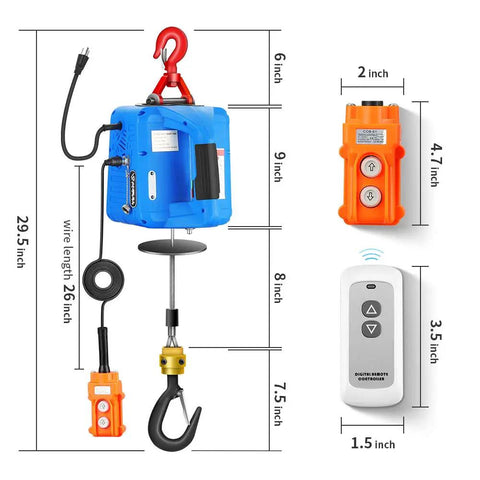 Upgraded 3 In 1 Electric Hoist Winch With 1100Lbs Capacity And 110V Power featuring control remotes and lifting hook dimensions.