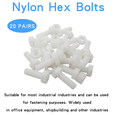 Twenty Pair M10 By 30mm Nylon Hex Bolts And Nuts Set For DIY Full Thread Hex Head Screws White Plastic Bolts With Nuts