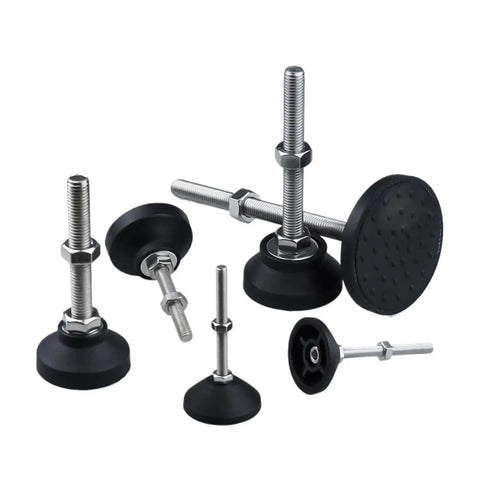 Universal Adjustable Furniture Leveling Feet Four Pack Featuring Swivel Angle Controls Ranging From One To Two Point Five Inches Tall Carbon Steel Bodies Nylon Glide Pads Banish Wobbly Surfaces Instantly with various heights.
