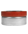 Automotive axle seal: two-piece component with red rubber seal atop a silver metal bearing housing