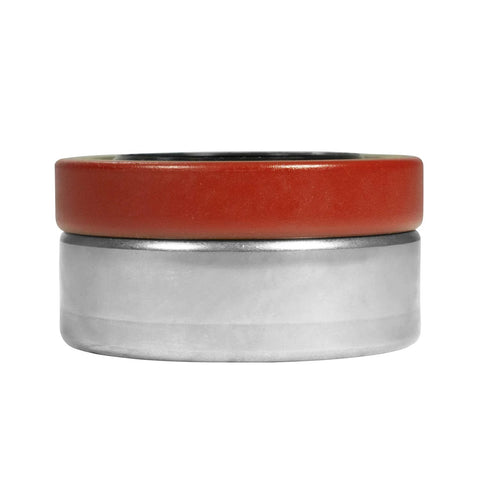 Automotive axle seal: two-piece component with red rubber seal atop a silver metal bearing housing