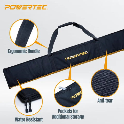 Pro Grade Dual 55 Inch Track Saw Guide Rail Kit Featuring Dead Nuts Straight Aluminum Profile And Heavy Duty Canvas Bag For Knocking Out Flawless Precision Cuts Every Single Time, showing ergonomic handle and water-resistant features.