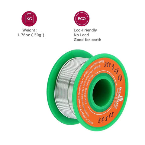 1.5mm Lead Free Rosin Flux Core Solder Wire 0.06 Inch Diameter 50g spool with eco-friendly label and weight details