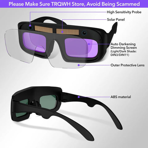 Auto Darkening Welding Glasses With True Color Lens for TIG MIG ARC Plasma Cutting, PC ABS frame, shown front and side views