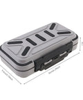 Double Sided Waterproof Tackle Storage Box With 16 Compartments closed showing gray exterior and heavy duty latch, measurements visible