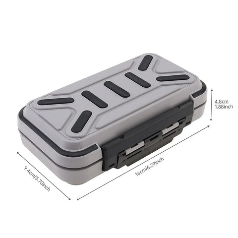 Double Sided Waterproof Tackle Storage Box With 16 Compartments closed showing gray exterior and heavy duty latch, measurements visible