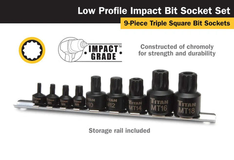 Nine Piece Low Profile Impact Triple Square Bit Socket Set with Steel Storage Rail on white background