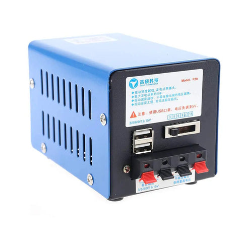 Side view of a blue Grab And Go Crank Powered 20W Portable Power Generator with USB charging ports and labeled panel
