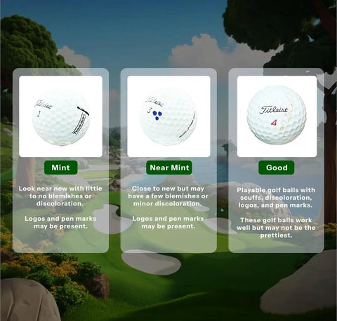 Golf balls in Mint, Near Mint, and Good condition with text descriptions in forest background.