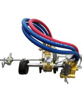 Rugged Portable Gas Steel Cutter with dual torch heads, hoses, and wheels for cutting metal plates up to 1.2 inches thick.