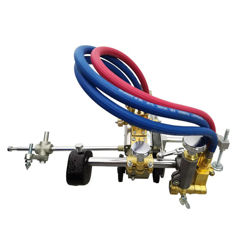 Rugged Portable Gas Steel Cutter with dual torch heads, hoses, and wheels for cutting metal plates up to 1.2 inches thick.