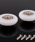 4 Pcs Shower Door Rollers Runners Wheels 19mm Replacement Part For Bathroom Glass Sliding Shower Doors Roller Wheel Set With Copper POM Wheel And Stainless Steel Screws For Corrosion Resistance And Superior Stability, close-up view showing wheels and screws.