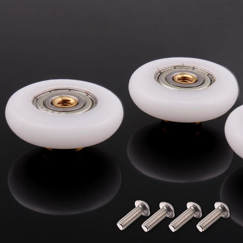 4 Pcs Shower Door Rollers Runners Wheels 19mm Replacement Part For Bathroom Glass Sliding Shower Doors Roller Wheel Set With Copper POM Wheel And Stainless Steel Screws For Corrosion Resistance And Superior Stability, close-up view showing wheels and screws.